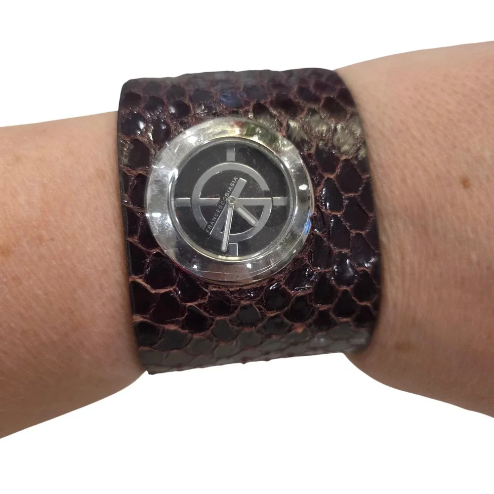 Francesca Biasa Women Watch Aurbogene Faux Snakeskin Cuff Band Silver Round Face